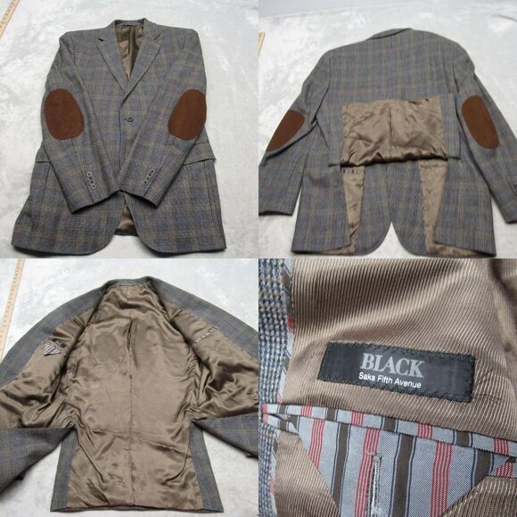 Saks Fifth Avenue Black Label Wool Blazer Mens 40R Gray Plaid‎ 2 Vent Sport Coat